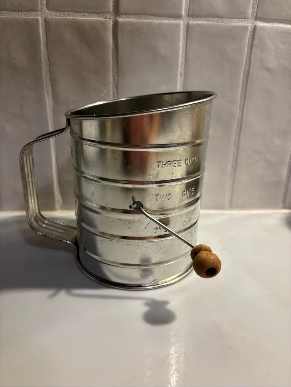 Classic Stainless Steel 3-Cup Rotary Flour & Sugar Sifter with Wood Handle Knob